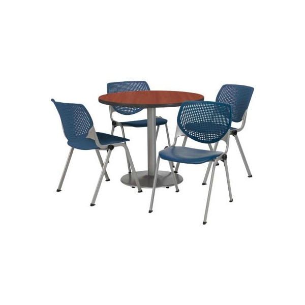 42" Round Dining Table & Chair Set, Mahogany Table With Navy Plastic Chairs